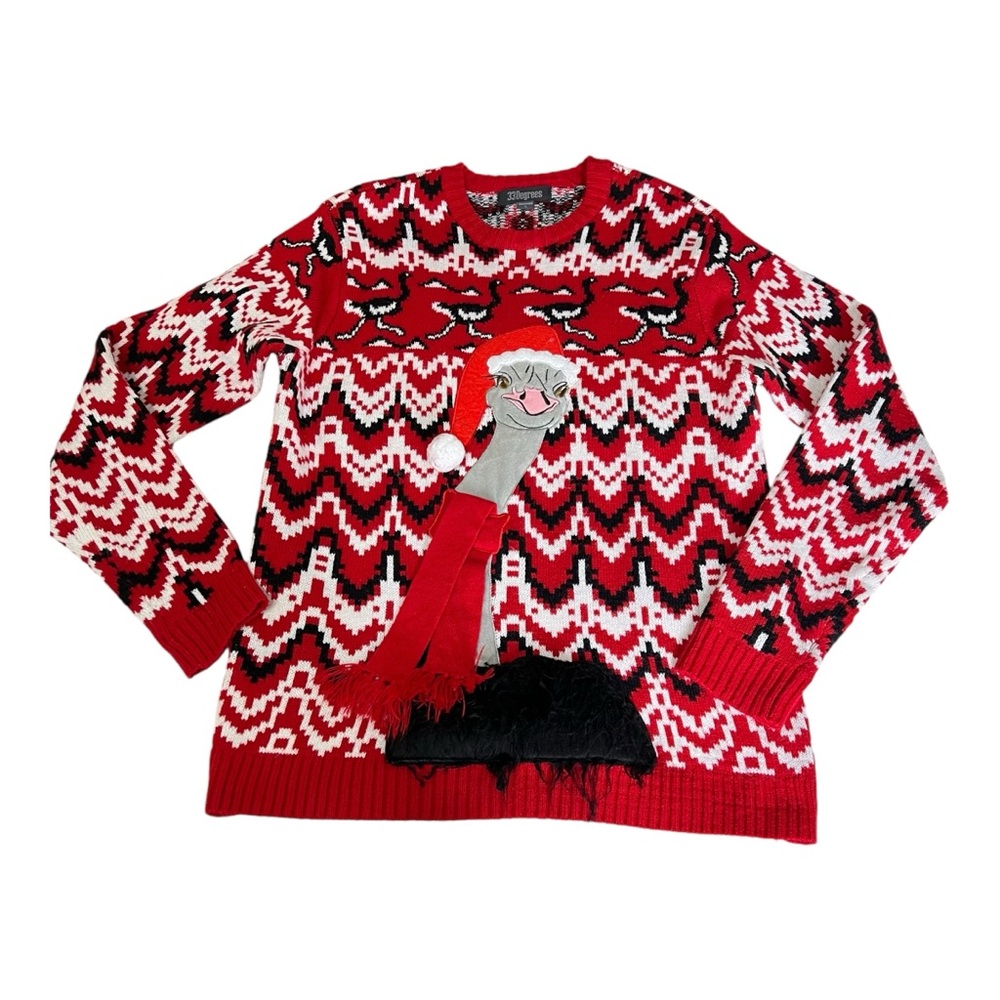 33 Degrees Ostrich Santa Scarf Ugly Christmas Sweater Red Knit - Picture 2 of 12